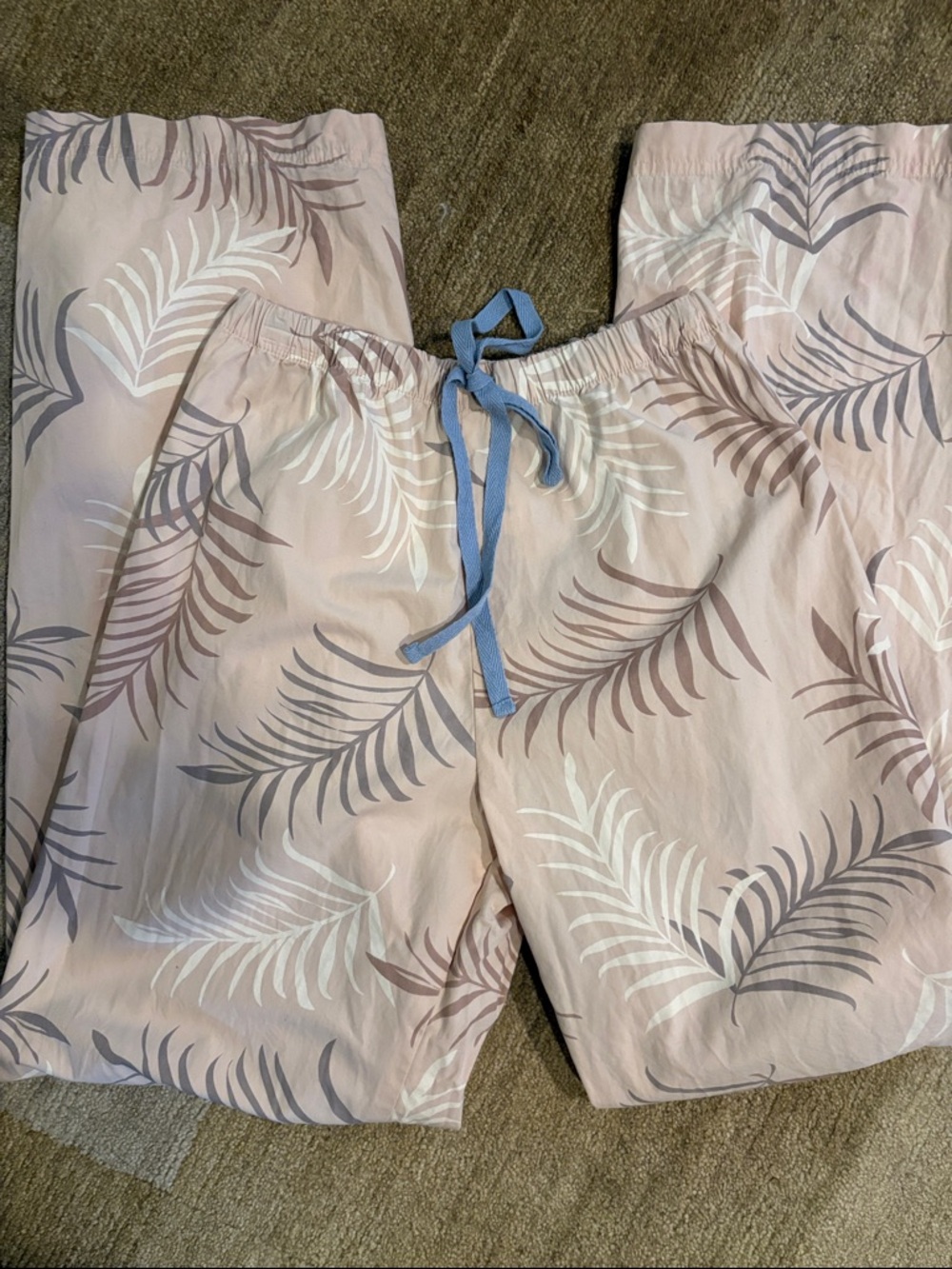 ~Margaritaville~ Light Tan Leaf-Print Cotton Lounge Pants with Blue Drawstring